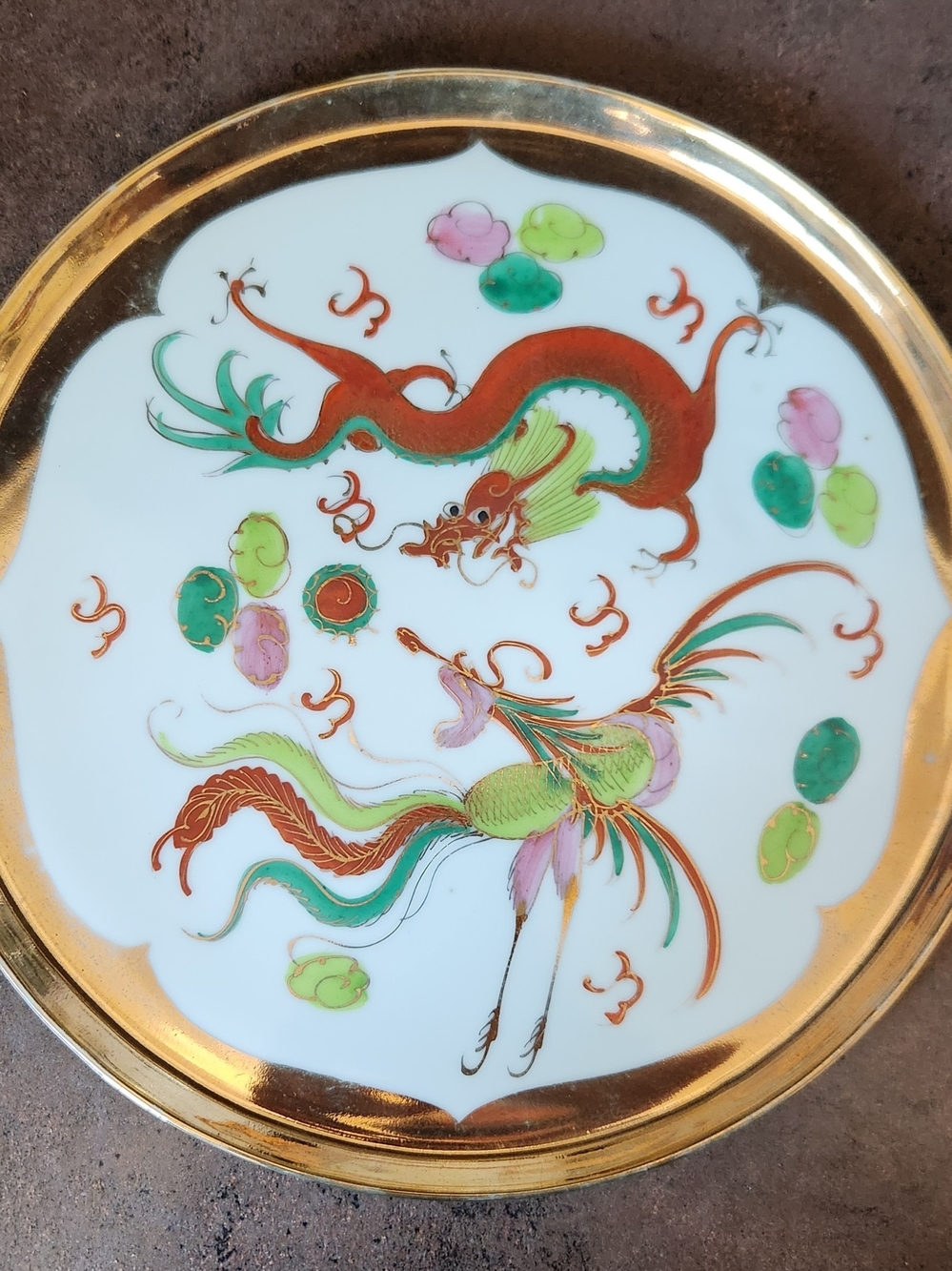 Vintage Chinese Dragon & Phoenix Plate Hand-Decorated Gold Trim Band 10" Vintage